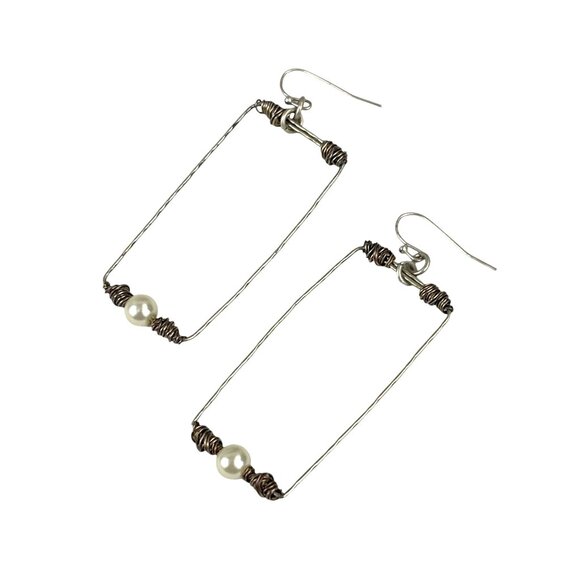 Handcrafted Wire & Pearl Rectangular Dangle Earrings - Picture 6 of 8